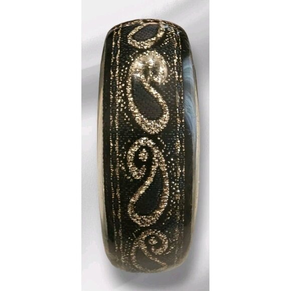 Lucite Bangle Bracelet Black Ribbon Metallic Gold Paisley Pattern Vintage 1980s - Picture 7 of 11
